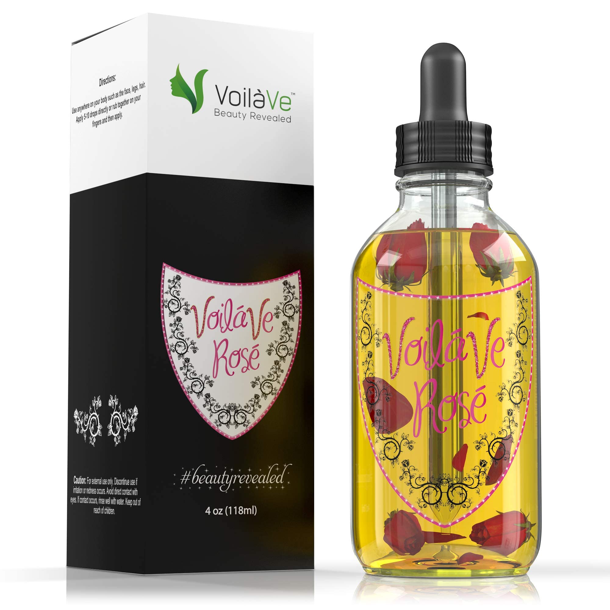 VoilaVe Rose Oil, Blend of Organic and Natural Oils for Face, Hair, and Body, No Artificial Ingredients, Pure and Natural Treatment for Wrinkles, Scars, Sunburn, Acne, and Dry Skin, 4 fl oz.